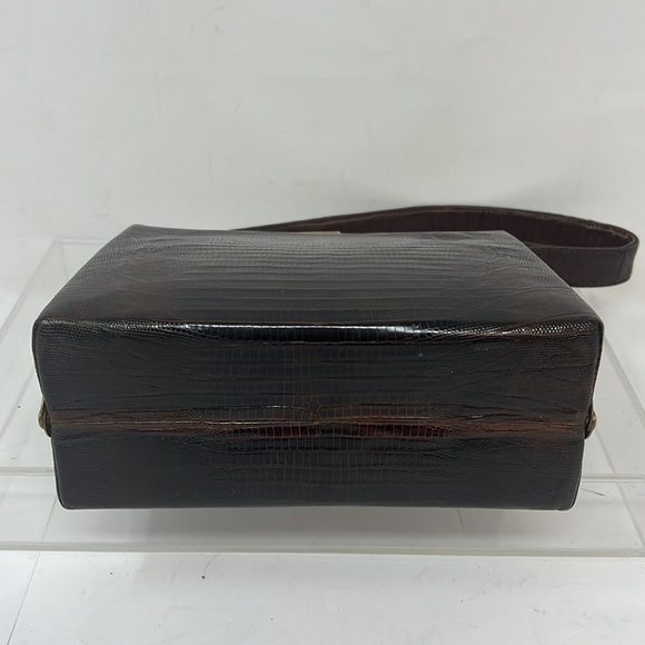 Harry Revits Lizard Reptile Dark Brown and Brass Structured Leather Box Handbag - Picture 7 of 13
